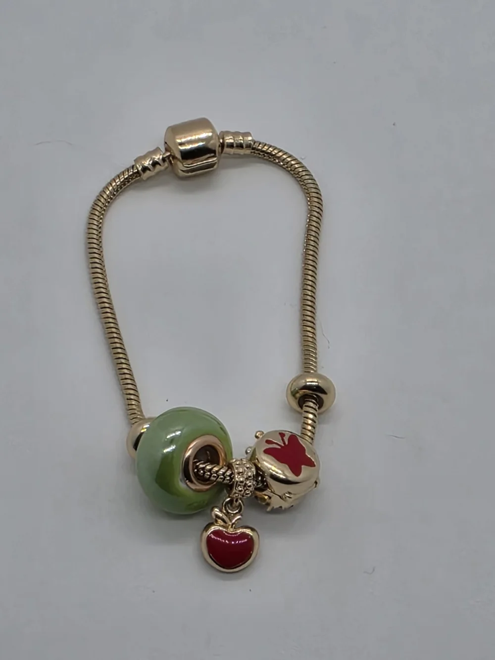 Gold Plated Pandora Style Charm Bracelet 7" Apple Butterfly Crystal Bead - Picture 2 of 3